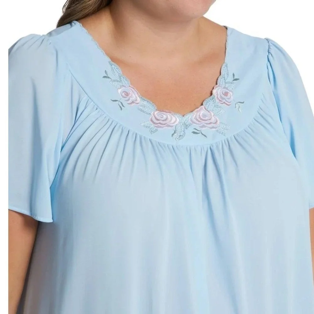 Shadowline Nightgown Size Medium Blue Floral Embroidered Flutter Sleeve Maxi